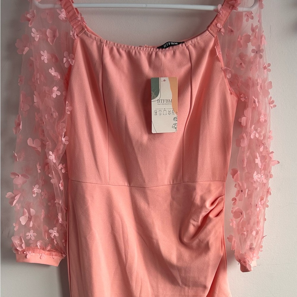 Pink Off-Shoulder Dress with Floral Sleeves